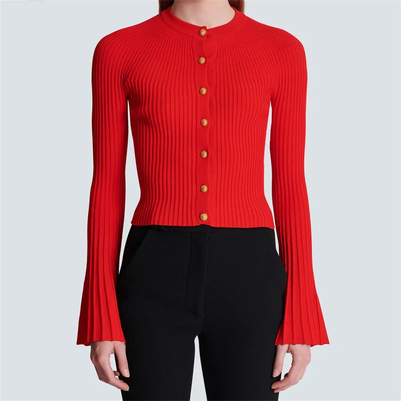 Casual Metal Button Elastic knitted slim flared long sleeved Knitwear Sweaters