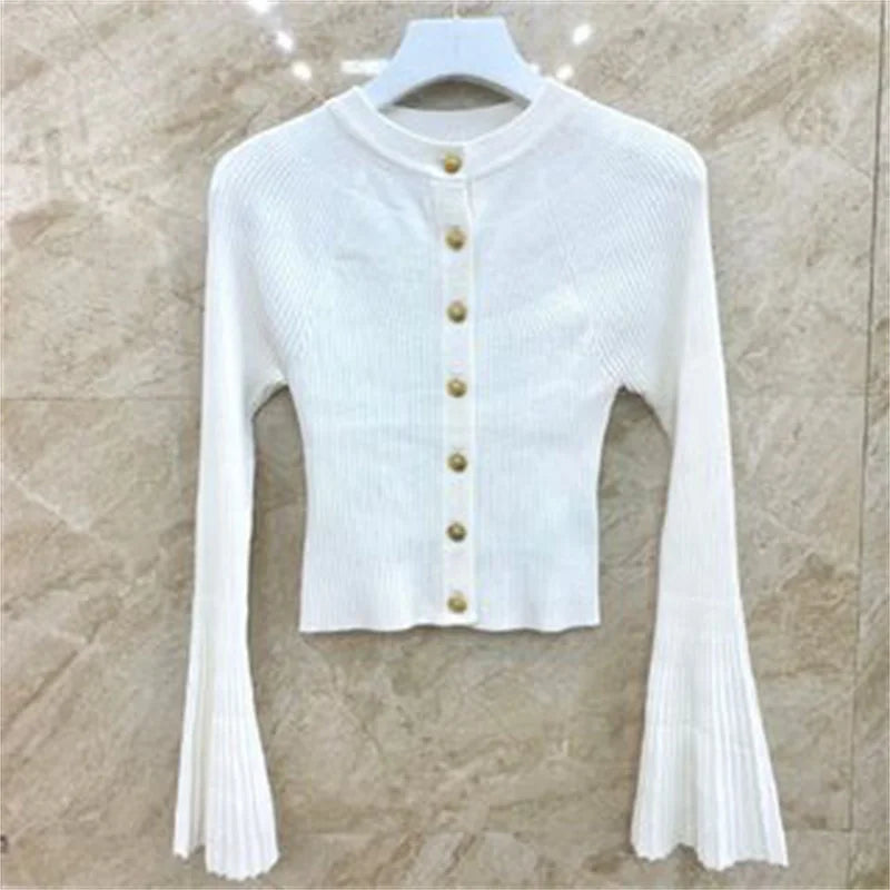 Casual Metal Button Elastic knitted slim flared long sleeved Knitwear Sweaters