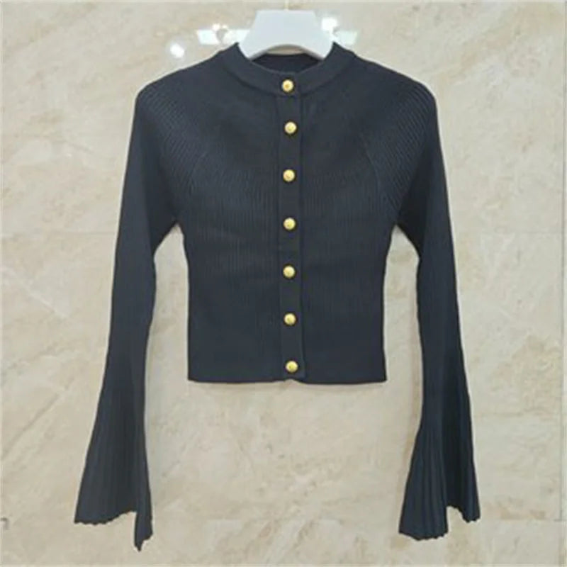 Casual Metal Button Elastic knitted slim flared long sleeved Knitwear Sweaters