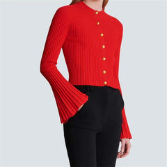 Casual Metal Button Elastic knitted slim flared long sleeved Knitwear Sweaters