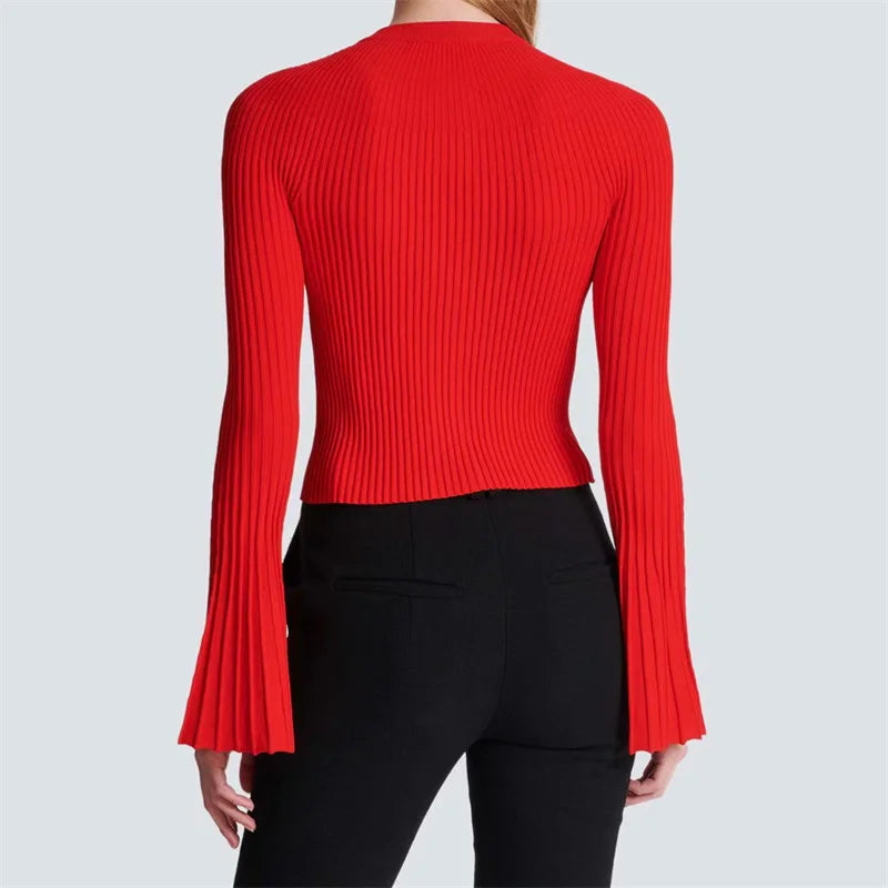 Casual Metal Button Elastic knitted slim flared long sleeved Knitwear Sweaters
