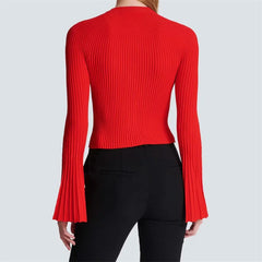 Casual Metal Button Elastic knitted slim flared long sleeved Knitwear Sweaters