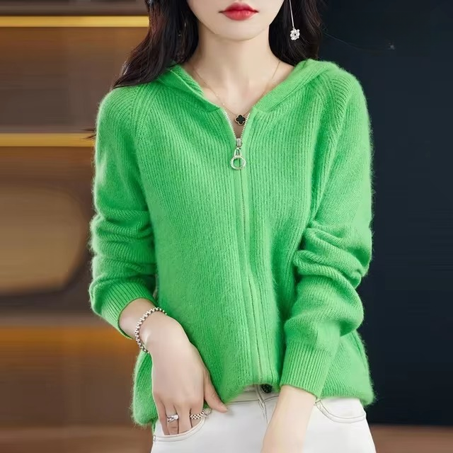 Casual Mink Cashmere Hooded Cardigans with Zip Warm Solid Pullover Outerwear Sweater