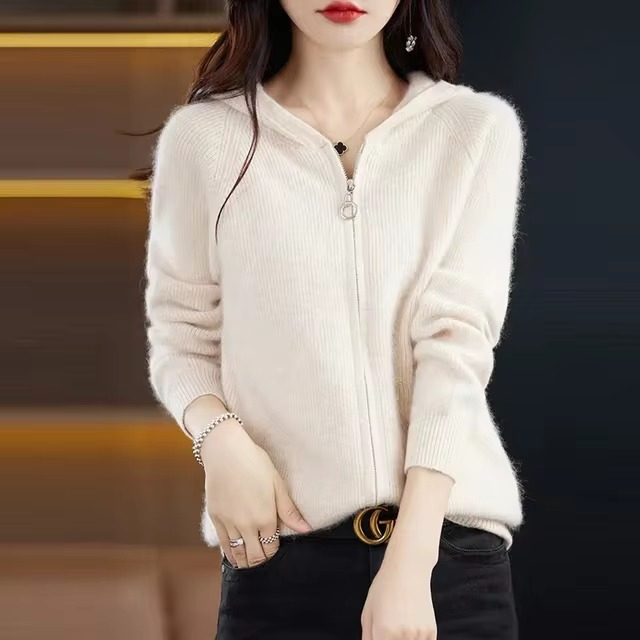 Casual Mink Cashmere Hooded Cardigans with Zip Warm Solid Pullover Outerwear Sweater