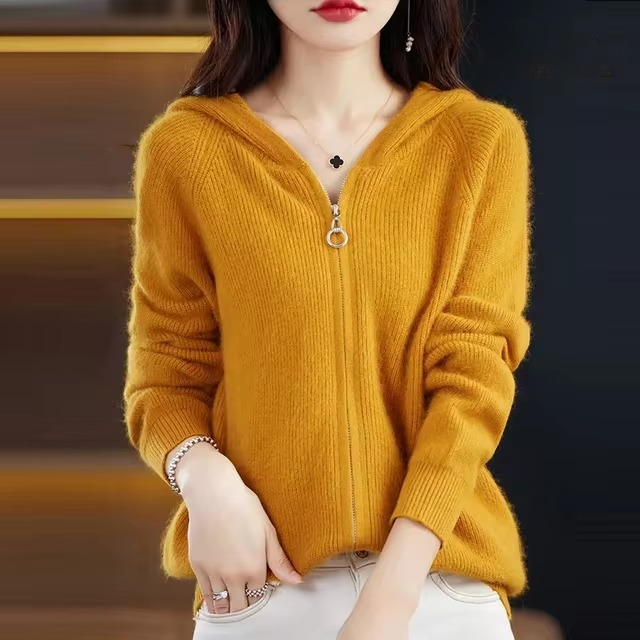 Casual Mink Cashmere Hooded Cardigans with Zip Warm Solid Pullover Outerwear Sweater