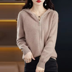 Casual Mink Cashmere Hooded Cardigans with Zip Warm Solid Pullover Outerwear Sweater