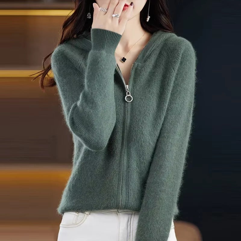Casual Mink Cashmere Hooded Cardigans with Zip Warm Solid Pullover Outerwear Sweater