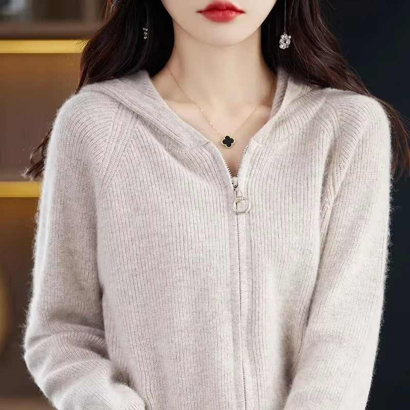 Casual Mink Cashmere Hooded Cardigans with Zip Warm Solid Pullover Outerwear Sweater
