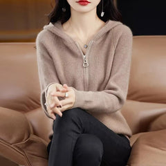 Casual Mink Cashmere Hooded Cardigans with Zip Warm Solid Pullover Outerwear Sweater