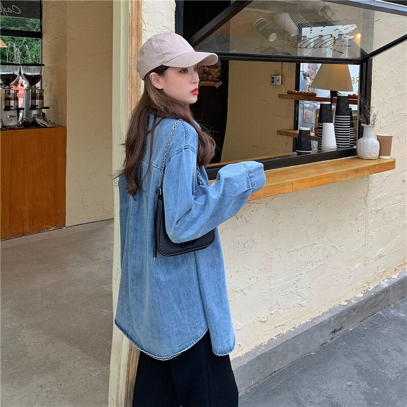 Casual Style Thin Loose Long Sleeve Tooling Denim Jacket