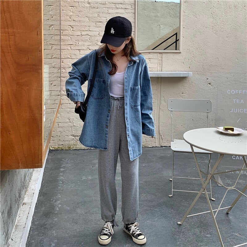 Casual Style Thin Loose Long Sleeve Tooling Denim Jacket