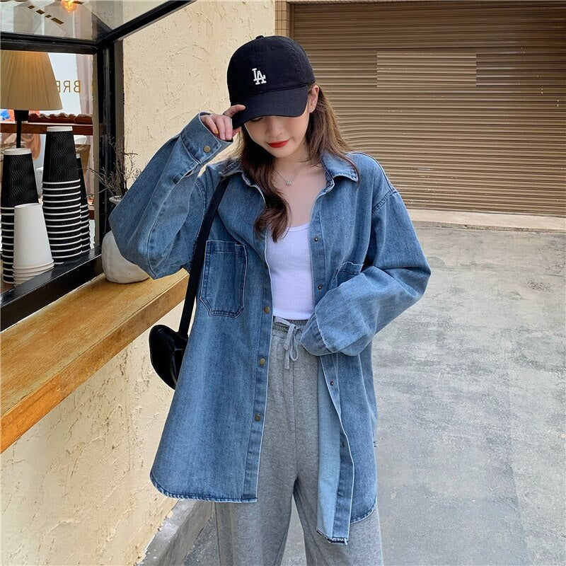 Casual Style Thin Loose Long Sleeve Tooling Denim Jacket