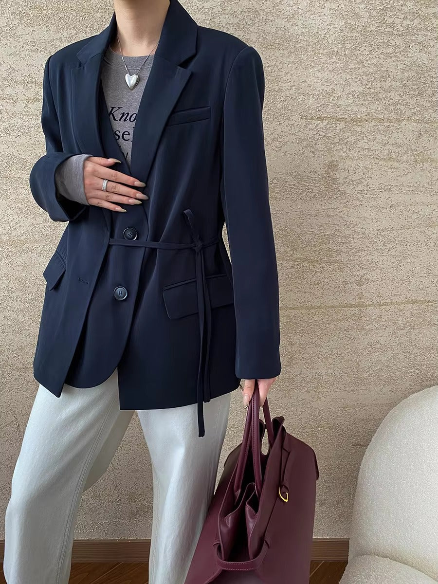 Casual Notched Collar Lace-up Gathered Design Patchwork Blazer