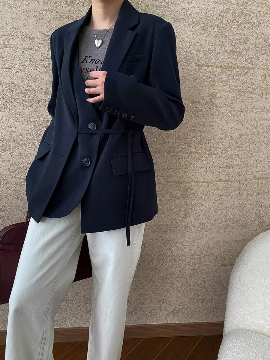Casual Notched Collar Lace-up Gathered Design Patchwork Blazer