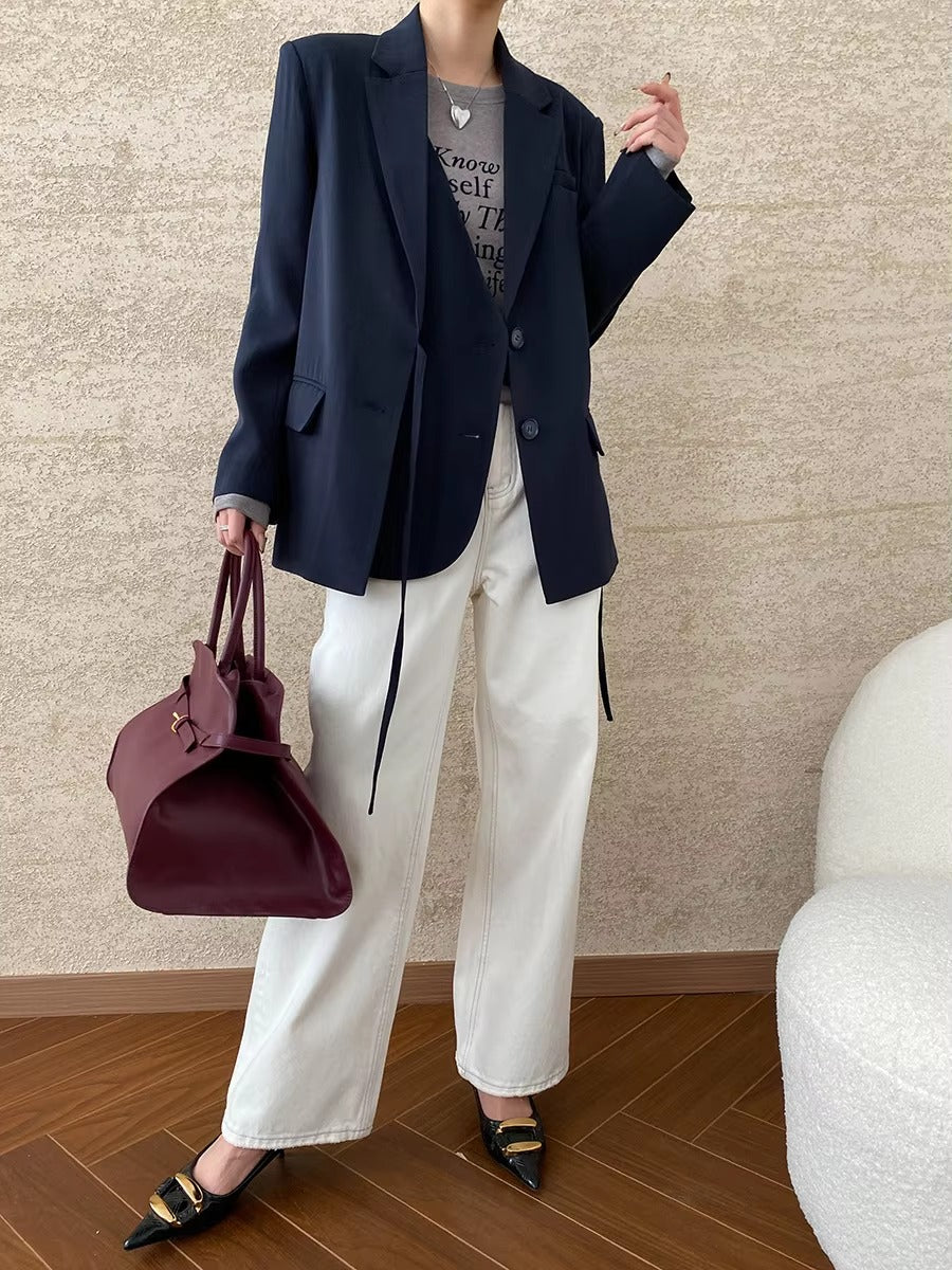 Casual Notched Collar Lace-up Gathered Design Patchwork Blazer