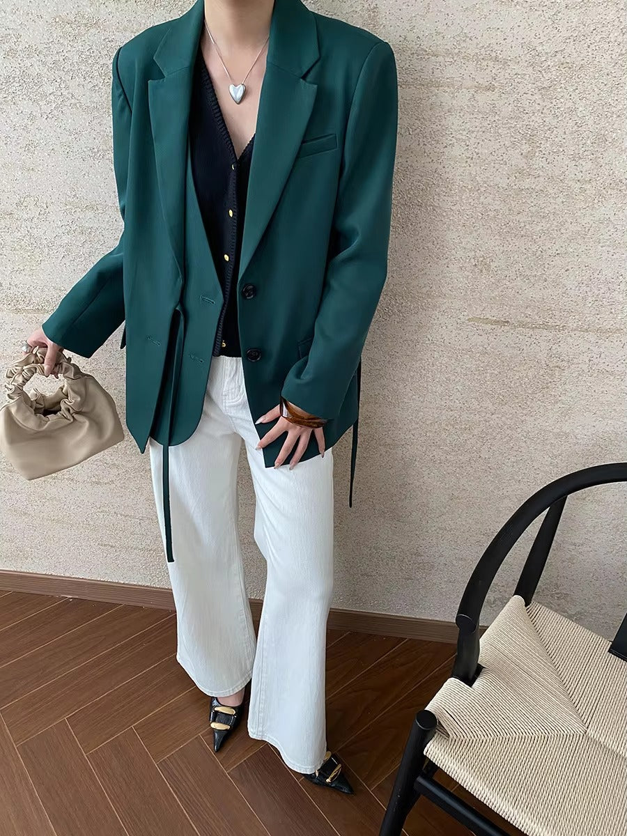 Casual Notched Collar Lace-up Gathered Design Patchwork Blazer
