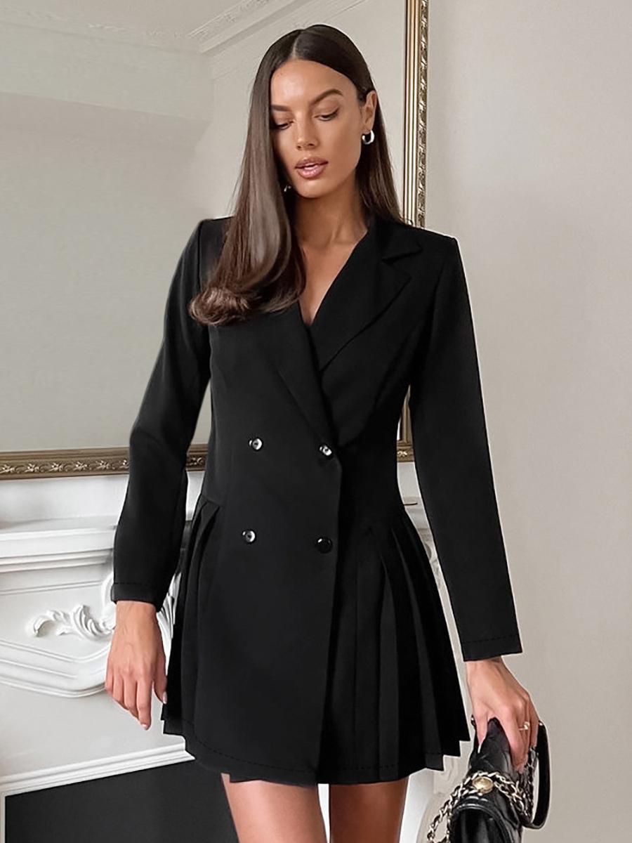 Casual Notched Lapel Double-Breasted Long Sleeve Pleated  Mini Blazer Dress