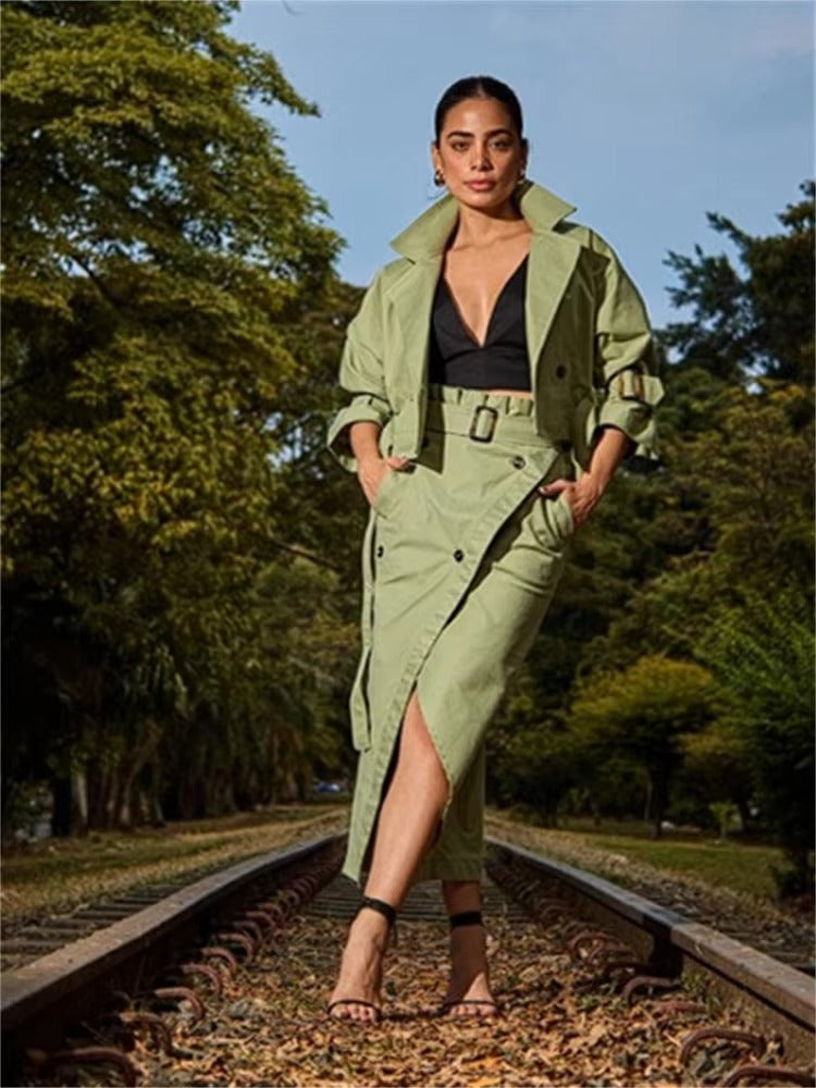 Casual Notched Long Sleeved Workwear Button Versatile Belt Set Skirt  2 Piece Sets