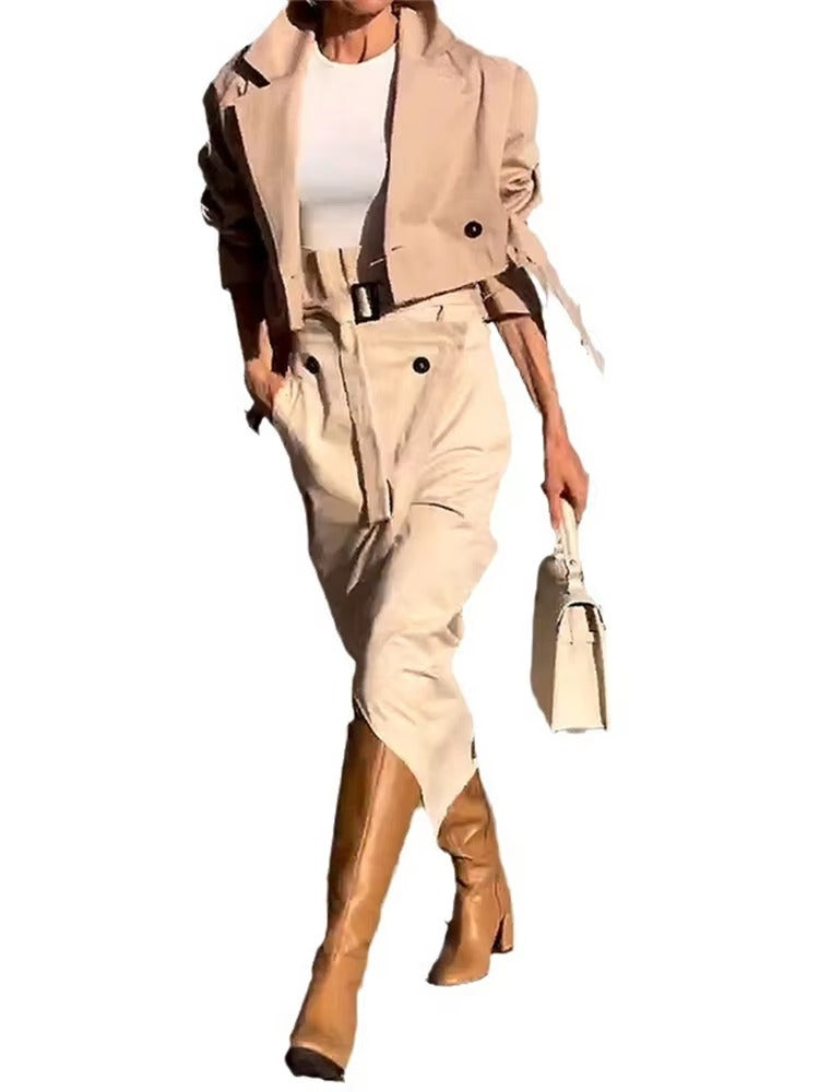 Casual Notched Long Sleeved Workwear Button Versatile Belt Set Skirt  2 Piece Sets