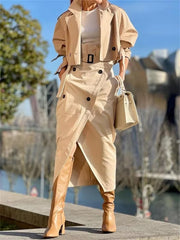 Casual Notched Long Sleeved Workwear Button Versatile Belt Set Skirt  2 Piece Sets