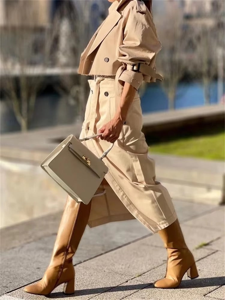 Casual Notched Long Sleeved Workwear Button Versatile Belt Set Skirt  2 Piece Sets