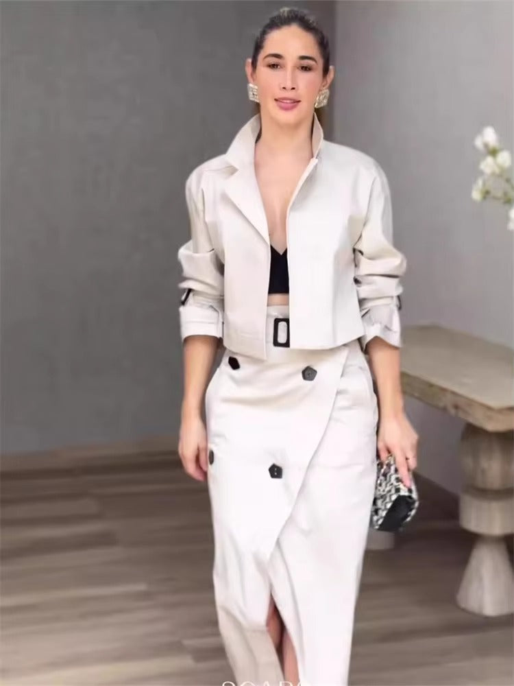 Casual Notched Long Sleeved Workwear Button Versatile Belt Set Skirt  2 Piece Sets
