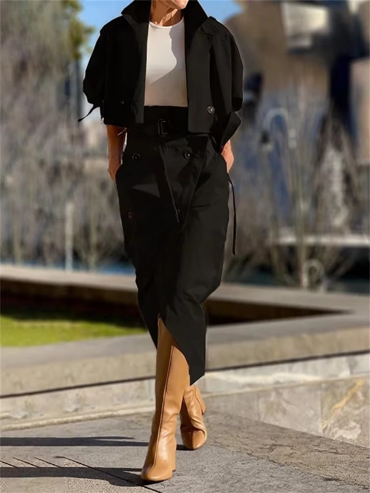 Casual Notched Long Sleeved Workwear Button Versatile Belt Set Skirt  2 Piece Sets