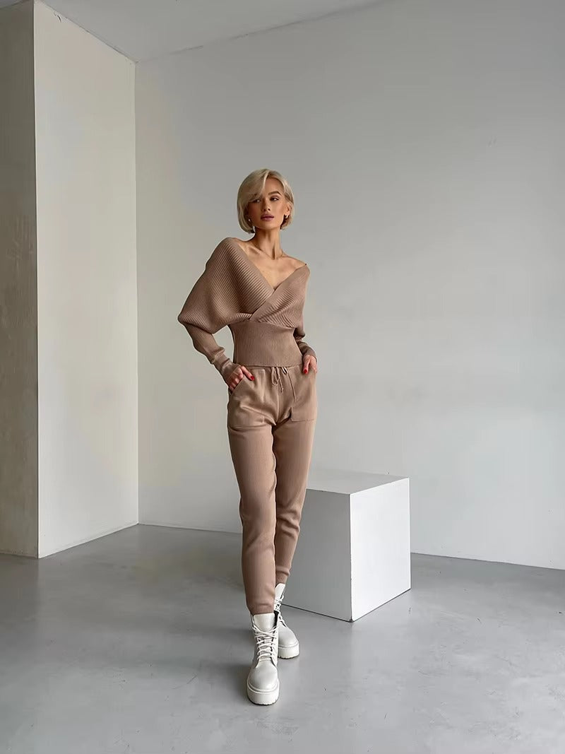 CasualOff Shoulder Knitted Tracksuit Two Piece Set