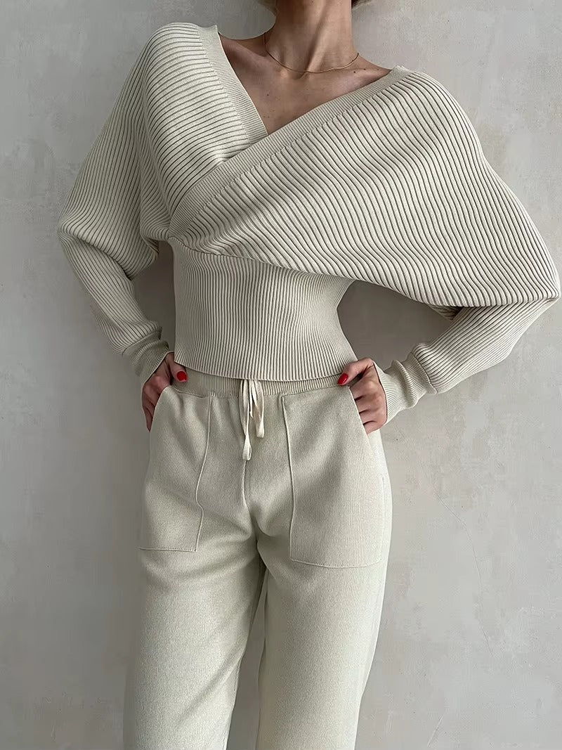 CasualOff Shoulder Knitted Tracksuit Two Piece Set