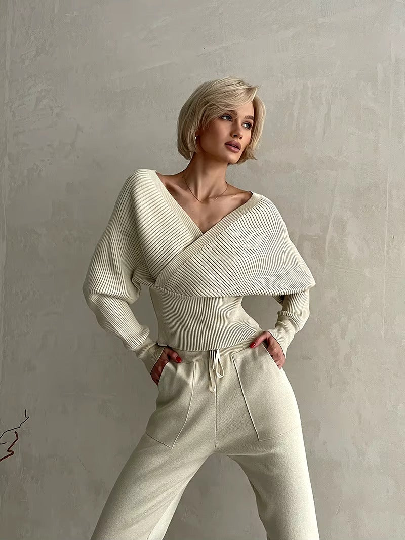 CasualOff Shoulder Knitted Tracksuit Two Piece Set