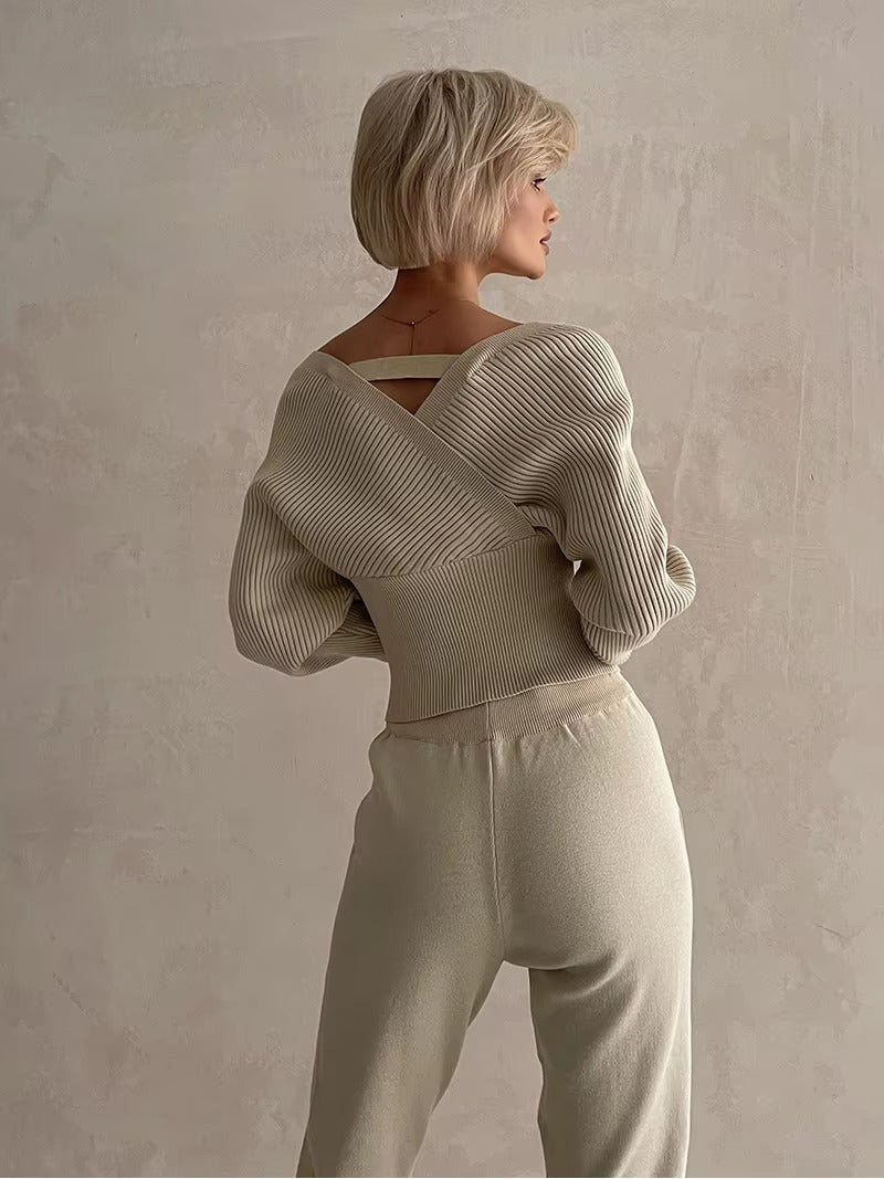 CasualOff Shoulder Knitted Tracksuit Two Piece Set