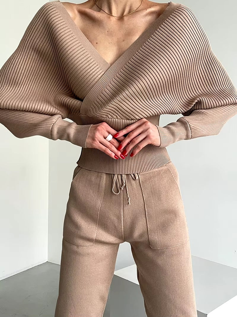 CasualOff Shoulder Knitted Tracksuit Two Piece Set
