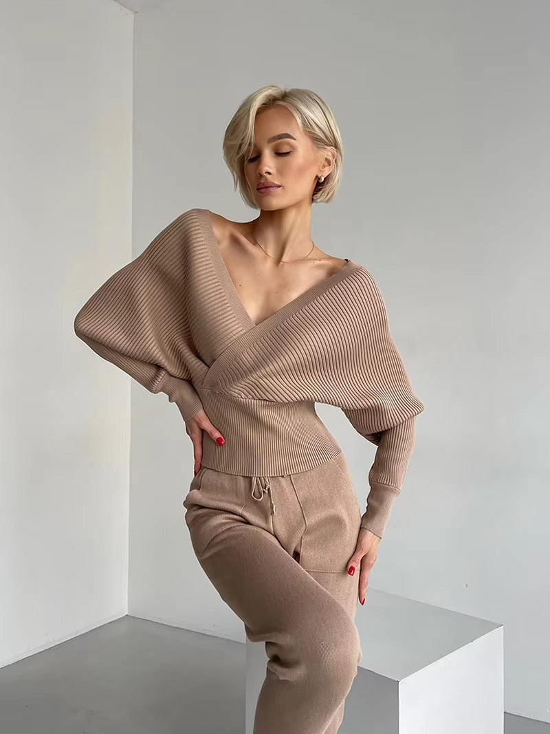 CasualOff Shoulder Knitted Tracksuit Two Piece Set