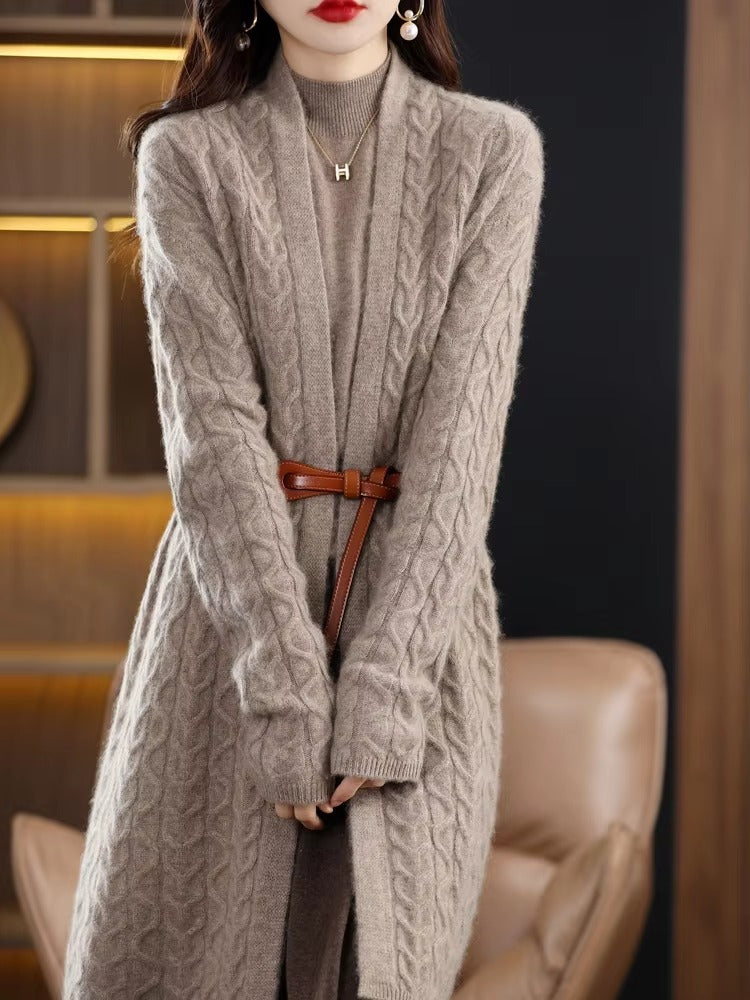 Casual Open Stitch Wool Twisted Loose-fitting Long Over Knee Cashmere Cardigan Sweater