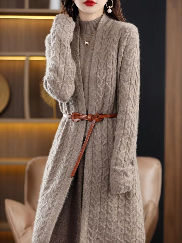 Casual Open Stitch Wool Twisted Loose-fitting Long Over Knee Cashmere Cardigan Sweater