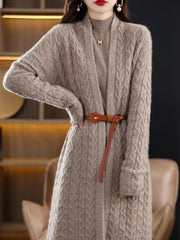 Casual Open Stitch Wool Twisted Loose-fitting Long Over Knee Cashmere Cardigan Sweater