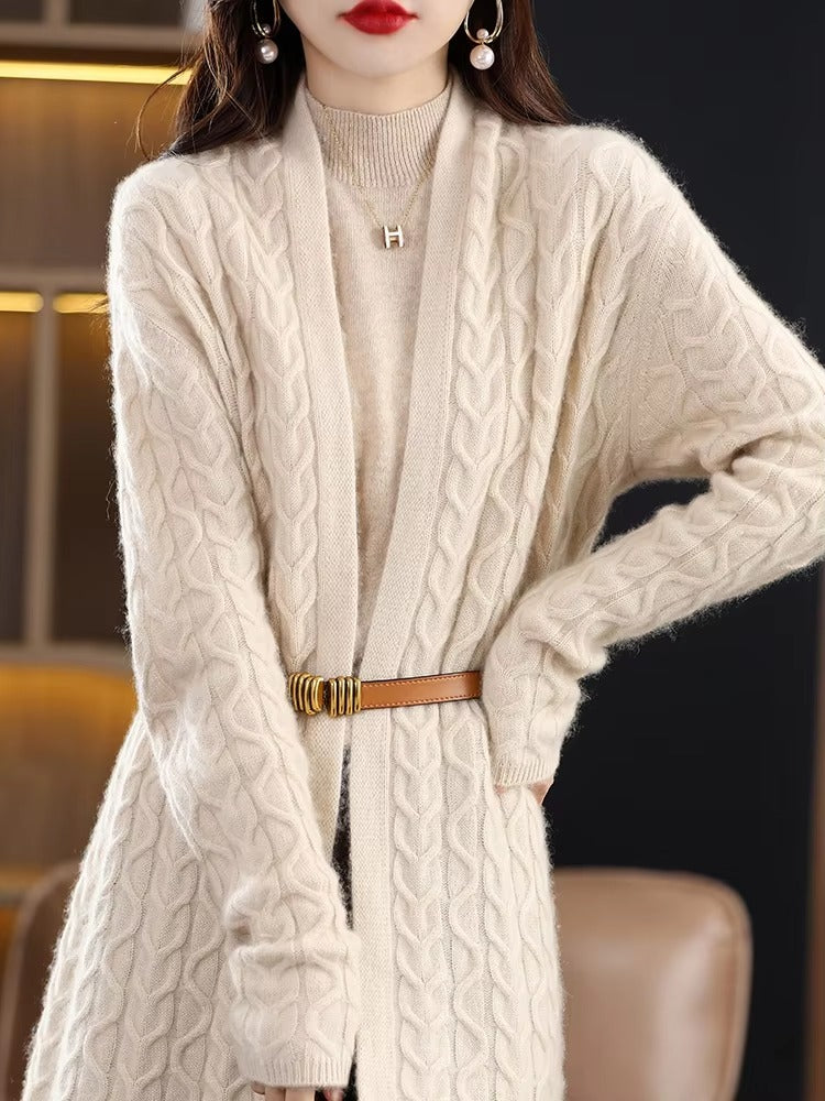 Casual Open Stitch Wool Twisted Loose-fitting Long Over Knee Cashmere Cardigan Sweater