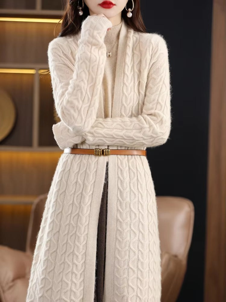 Casual Open Stitch Wool Twisted Loose-fitting Long Over Knee Cashmere Cardigan Sweater