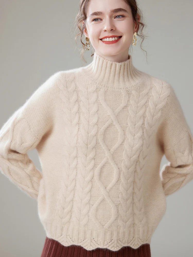 Casual Oversize Pullover Knitwear High Quality Twist Mock-neck Cashmere Sweater