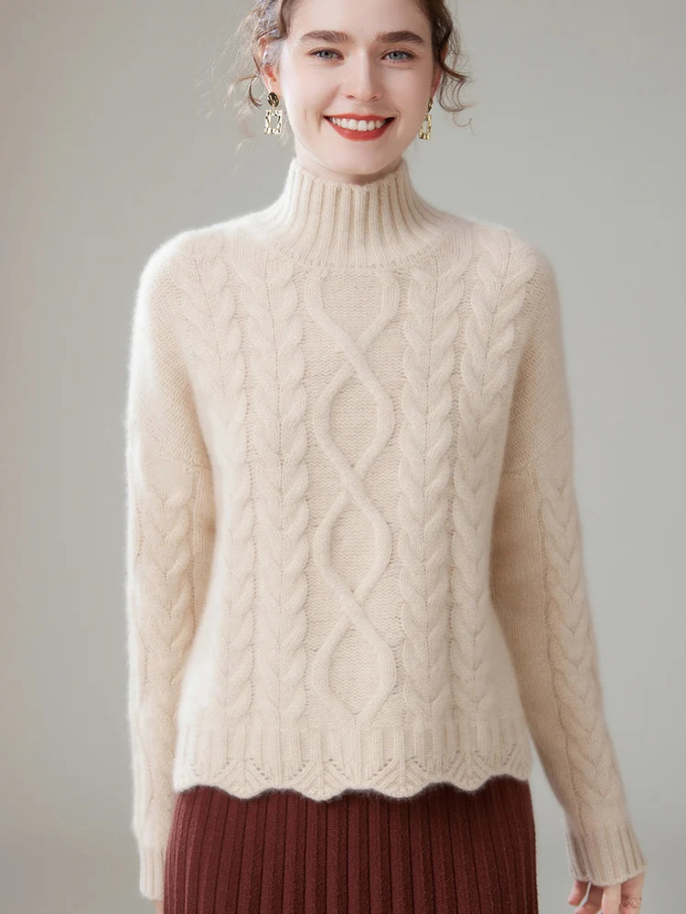 Casual Oversize Pullover Knitwear High Quality Twist Mock-neck Cashmere Sweater