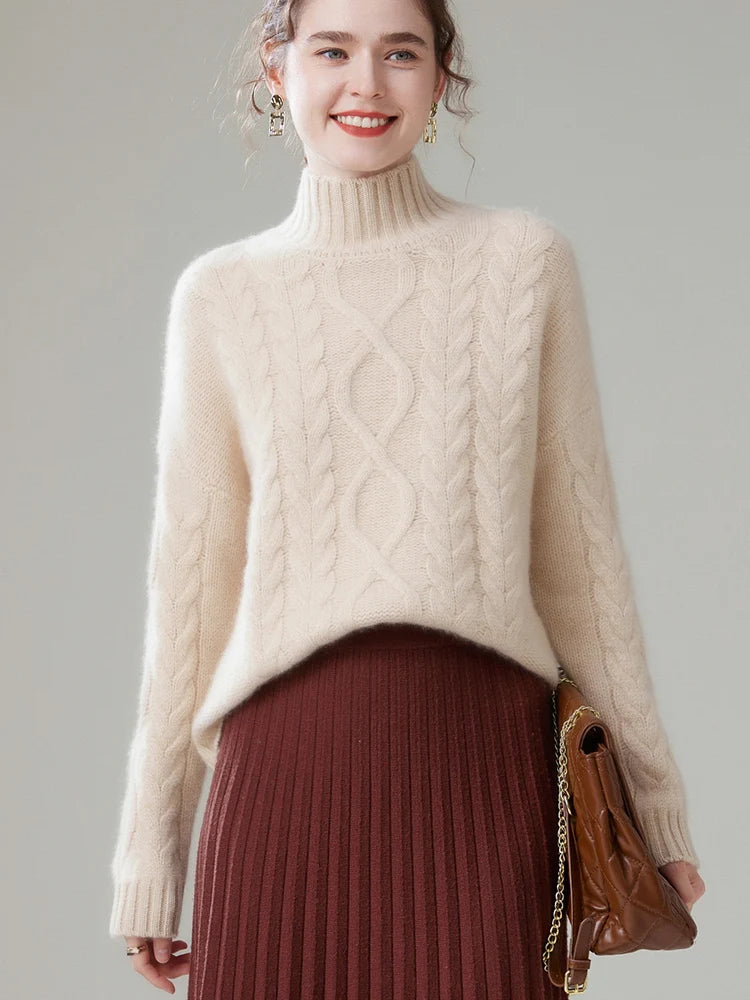 Casual Oversize Pullover Knitwear High Quality Twist Mock-neck Cashmere Sweater