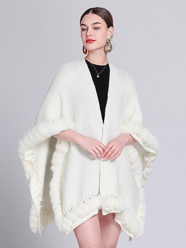 Casual Oversized Poncho V-Neck Cut Out Fringe Trim Solid Color Daily Casual Cape
