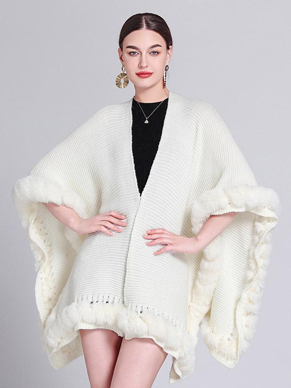 Casual Oversized Poncho V-Neck Cut Out Fringe Trim Solid Color Daily Casual Cape