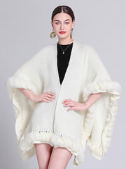 Casual Oversized Poncho V-Neck Cut Out Fringe Trim Solid Color Daily Casual Cape
