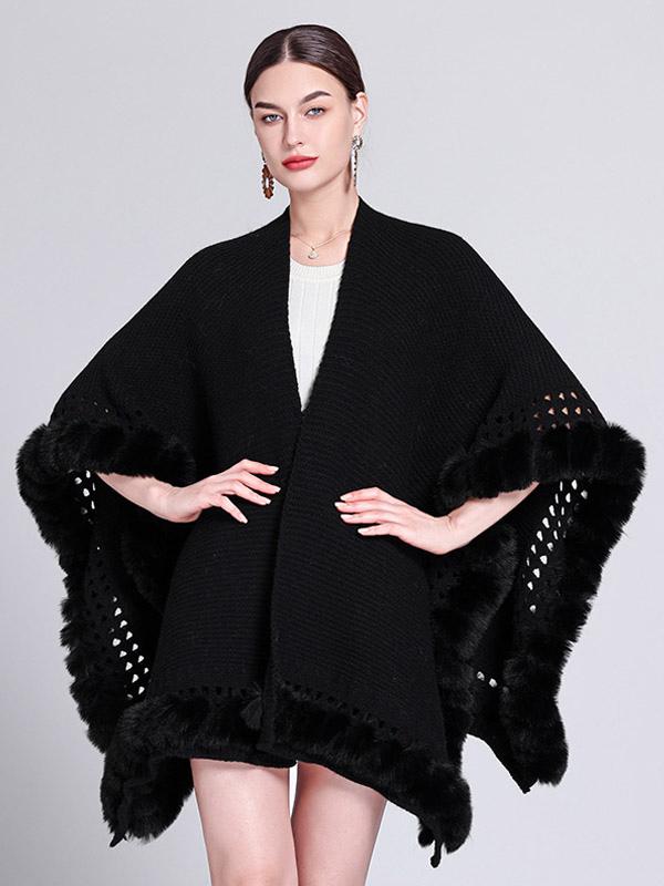 Casual Oversized Poncho V-Neck Cut Out Fringe Trim Solid Color Daily Casual Cape