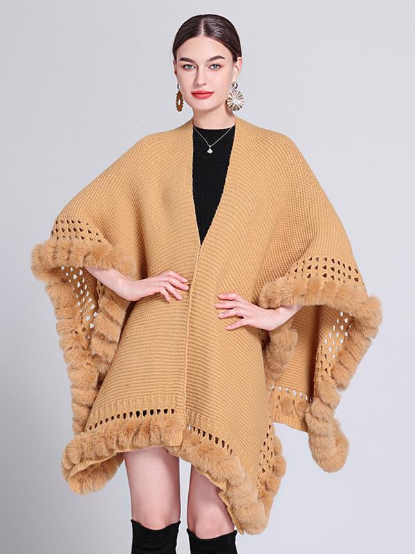 Casual Oversized Poncho V-Neck Cut Out Fringe Trim Solid Color Daily Casual Cape