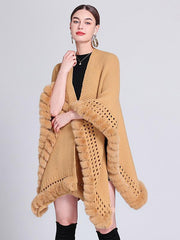 Casual Oversized Poncho V-Neck Cut Out Fringe Trim Solid Color Daily Casual Cape