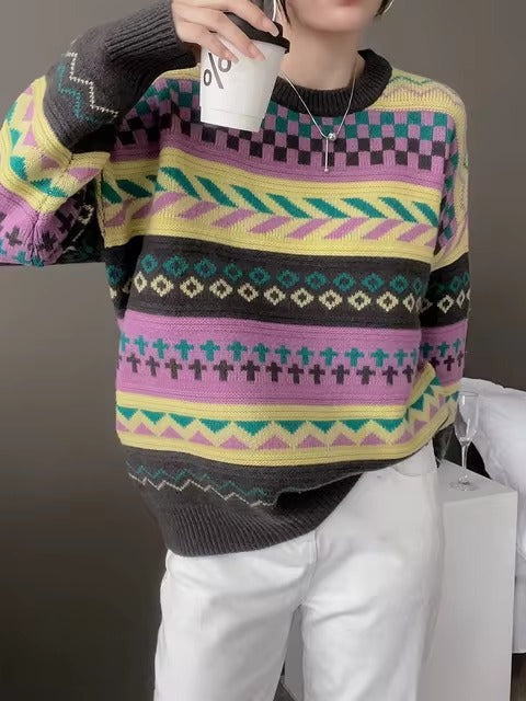 Casual Patchwork Full Sleeve Wool Round Neck Pullover Loose Thicken Knit Cashmere Sweater