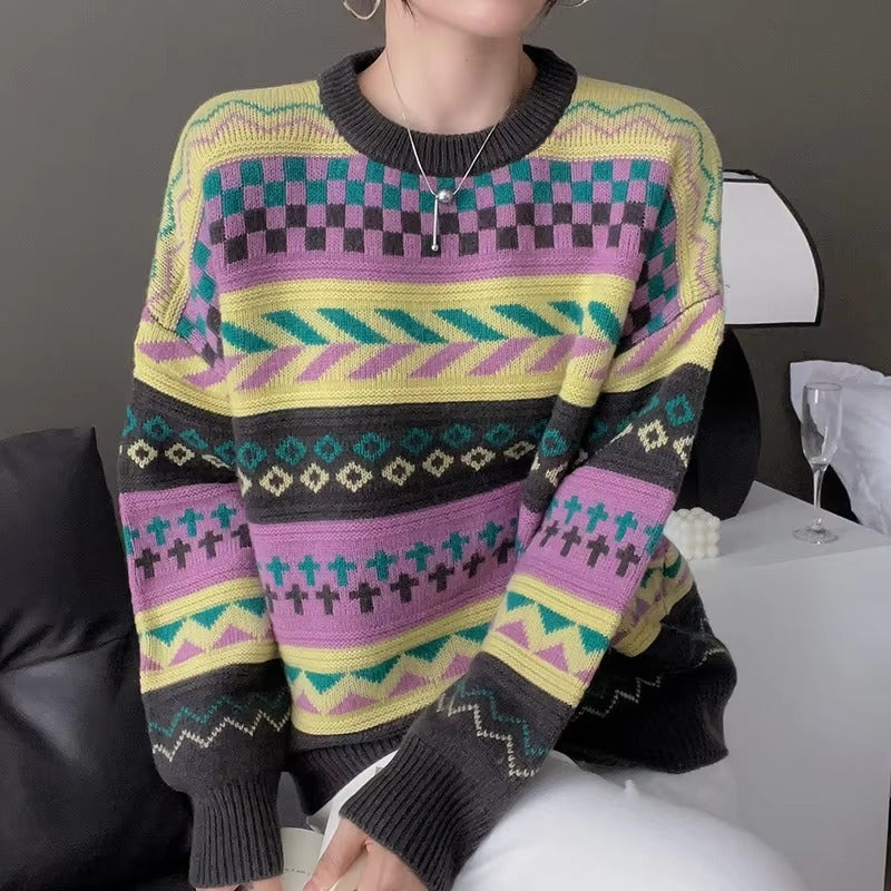 Casual Patchwork Full Sleeve Wool Round Neck Pullover Loose Thicken Knit Cashmere Sweater