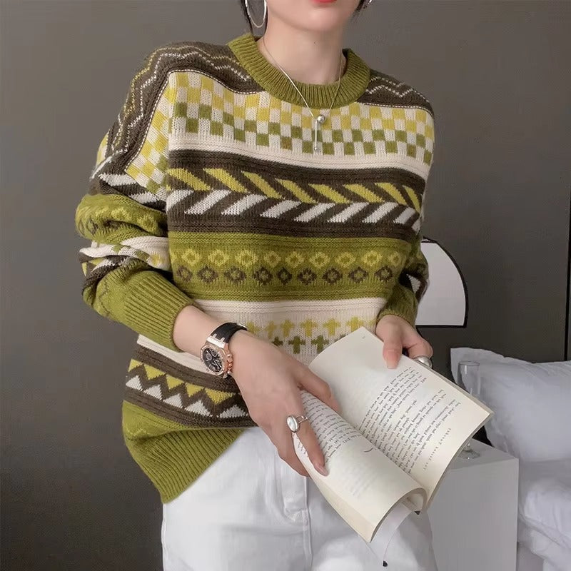 Casual Patchwork Full Sleeve Wool Round Neck Pullover Loose Thicken Knit Cashmere Sweater